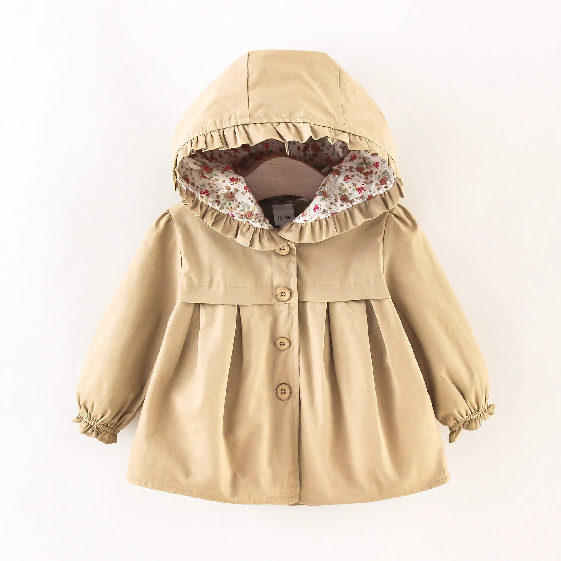 Korean Flower Baby Girls Jackets Spring Autumn Solid Hooded Windbreaker For 0-4 Years Kids Casual Outerwear Baby Trench Coat