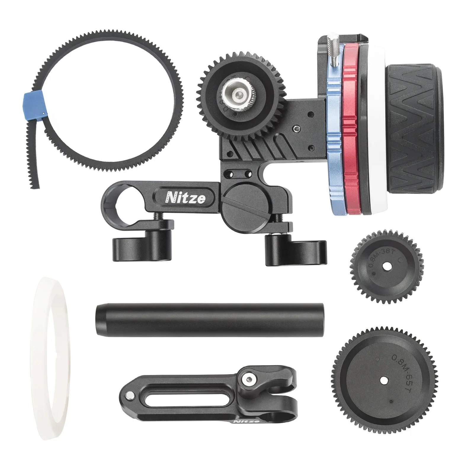 Nitze Mini Follow Focus Kit with Drive Gears Marking Disks Gear Ring Belt 15mm Rod and Rod Clamp 360° Infinity Zoom