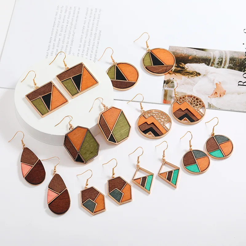 Alloy geometric wood panels contrasting wood earrings fashion commuting exaggerated earrings for women