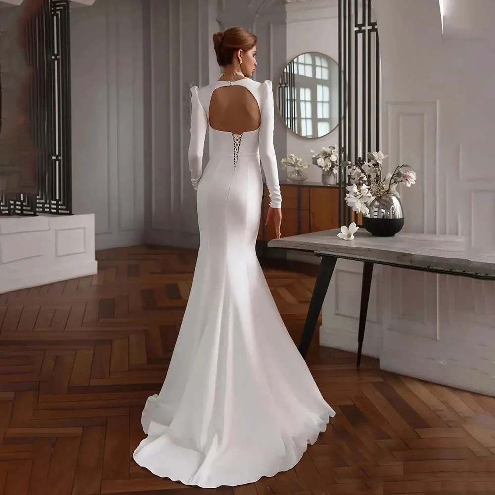 Elegantes Meerjungfrau-Brautkleid für Damen, V-Ausschnitt, lange Ärmel, rückenfrei, Satin-Hochzeitskleid, maßgeschneiderte hochwertige Kleider