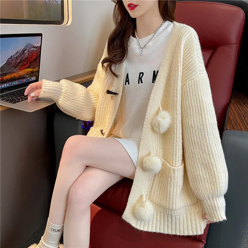 

X2092 New Autumn Winter Women's Horn Buckle Knitted Cardigan Sweater Coat Loose Outwear Knitwear Sweater