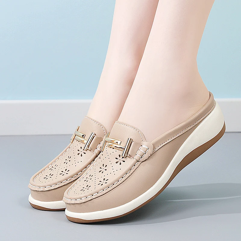 Women's Mules Shoes Hollow‑Cut Slip‑On Backless Loafers Comfort Walking Shoes Metal Decoration Casual Slide Sandals for Ladies image 4