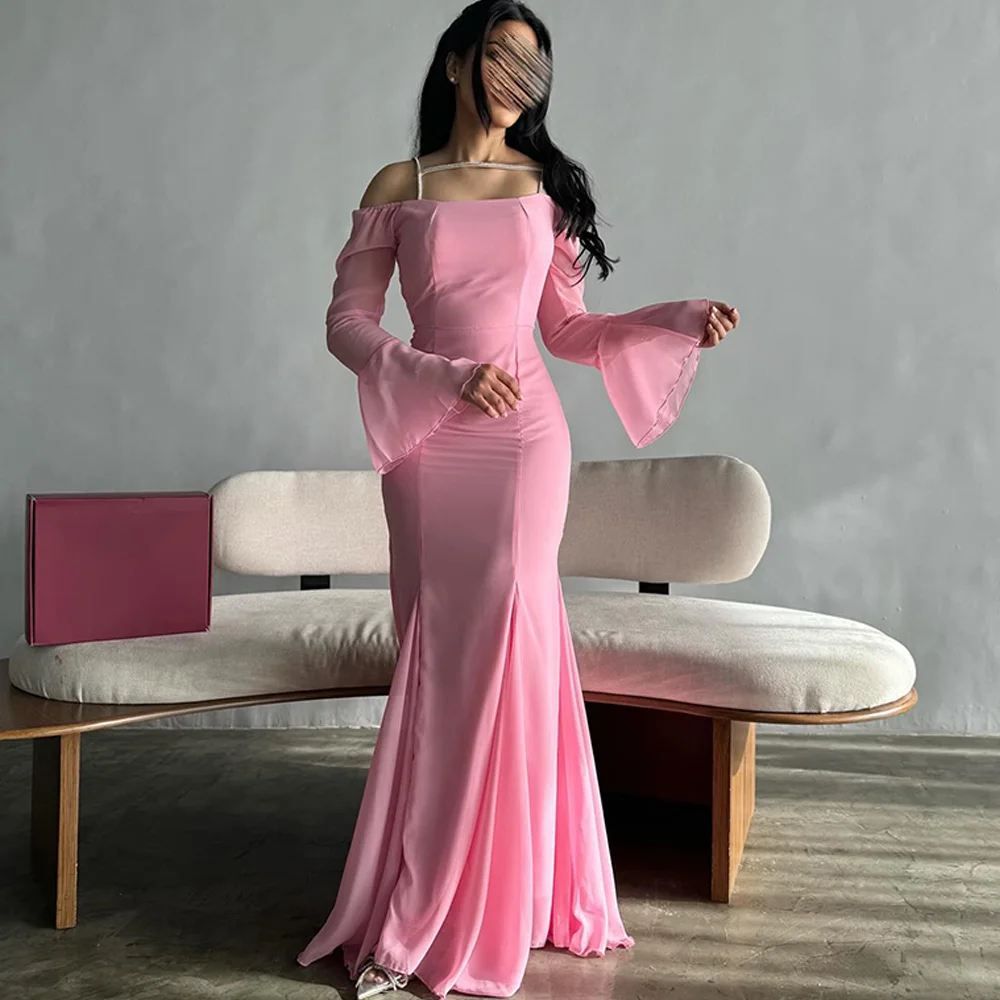 Mermaid Strapless Off the Shoulder Flare Long sleeves Chiffon Pink Classic and Fashion Evening Dresses Pleats Saudi Arabia 2024