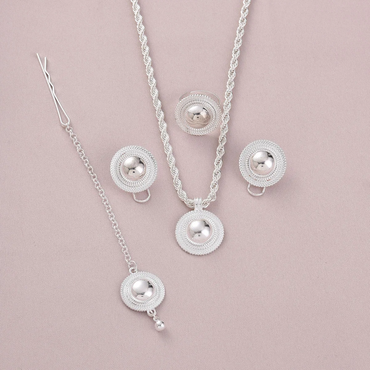 Silver Color Ethiopian Jewelry set Pendant Earrings Ring Head Chain 4-Piece Sets African Eritrean Wedding Engagement Gifts #199