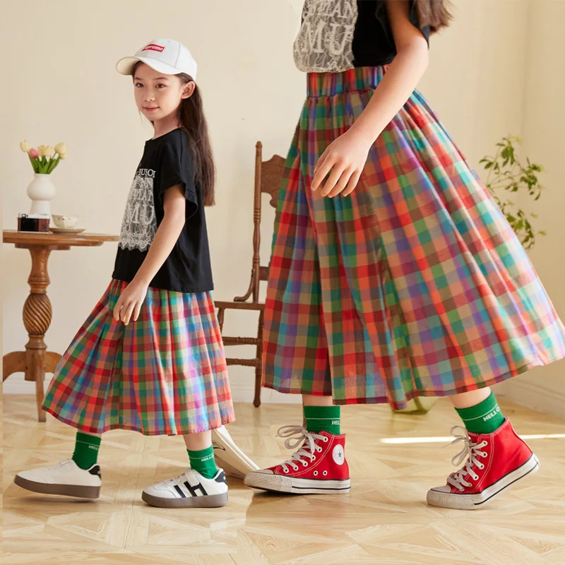 Spring Summer Teenager Kids Skirt Cotton Rainbow Plaid Skirt for Girls Casual Daily Simple Versatile Long Skirt 6 8 10 12 Years