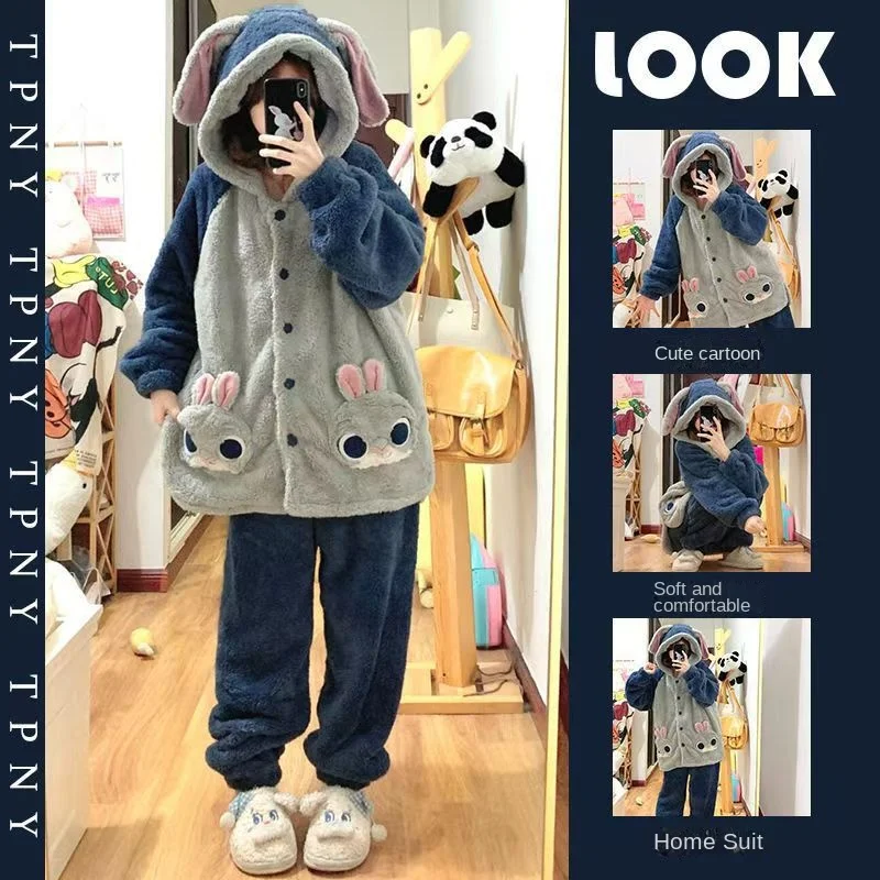 

Пижамный комплект Джуди с героями мультфильмов Диснея для девочек, зимний комплект из кораллового флиса с длинными рукавами и капюшоном, брюки, теплая домашняя одежда, одежда для сна
