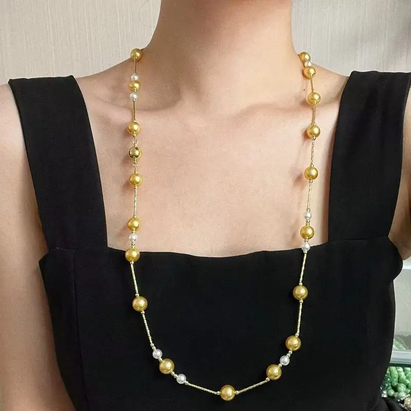 -gloss perfectly round high-quality gold-colored shell pearl sweater necklace clavicle chain