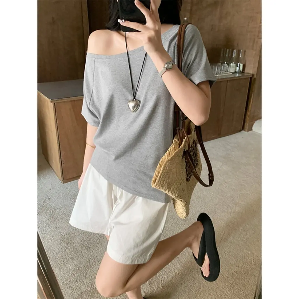 

Women's Grey Short-Sleeved T-shirt 220g Heavy Cotton Loose Fit Summer Top Shoulder Spice Girls Lazy Style