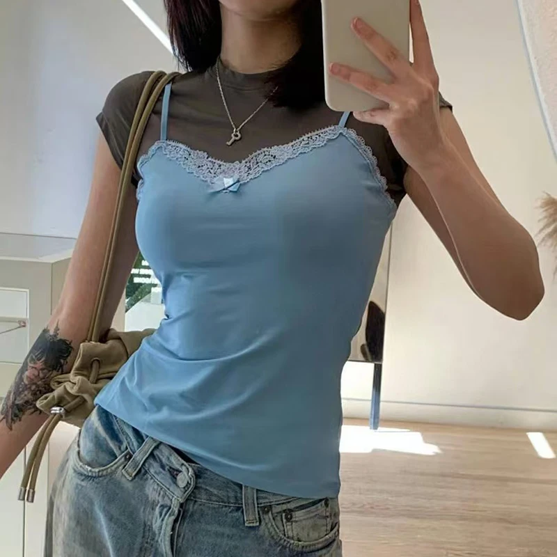 

Women's Lace Lace Camisole Patchwork T-Shirt, Fake Two Piece Slimming Top, Short Sleeve Round Neck Color Clash Top, 2025, New