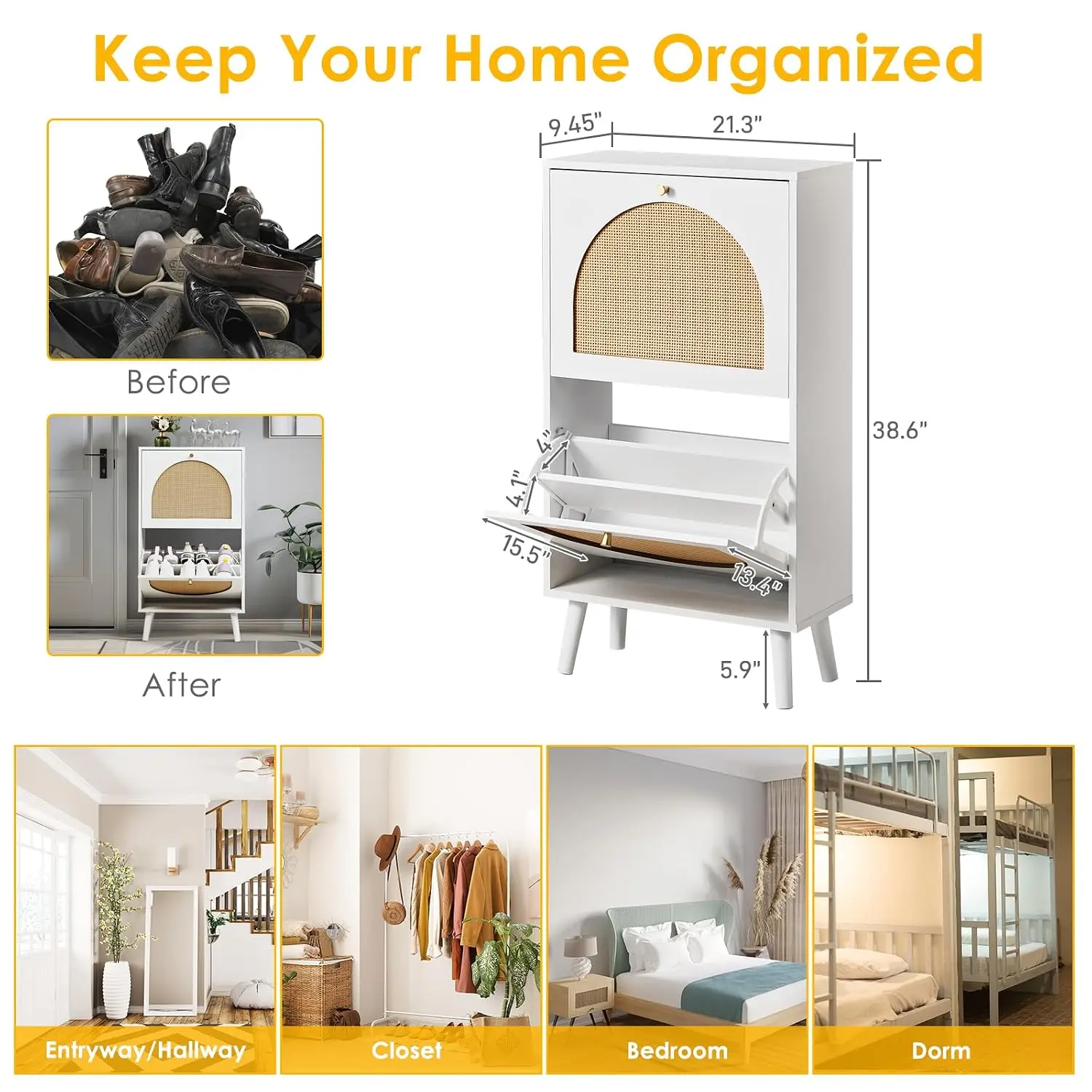 Rattan Shoe Cabinet Hidden Storage 2 Flip Drawer Freestanding Shoe Rack Organizer Hallway Closet Entryway, Customized