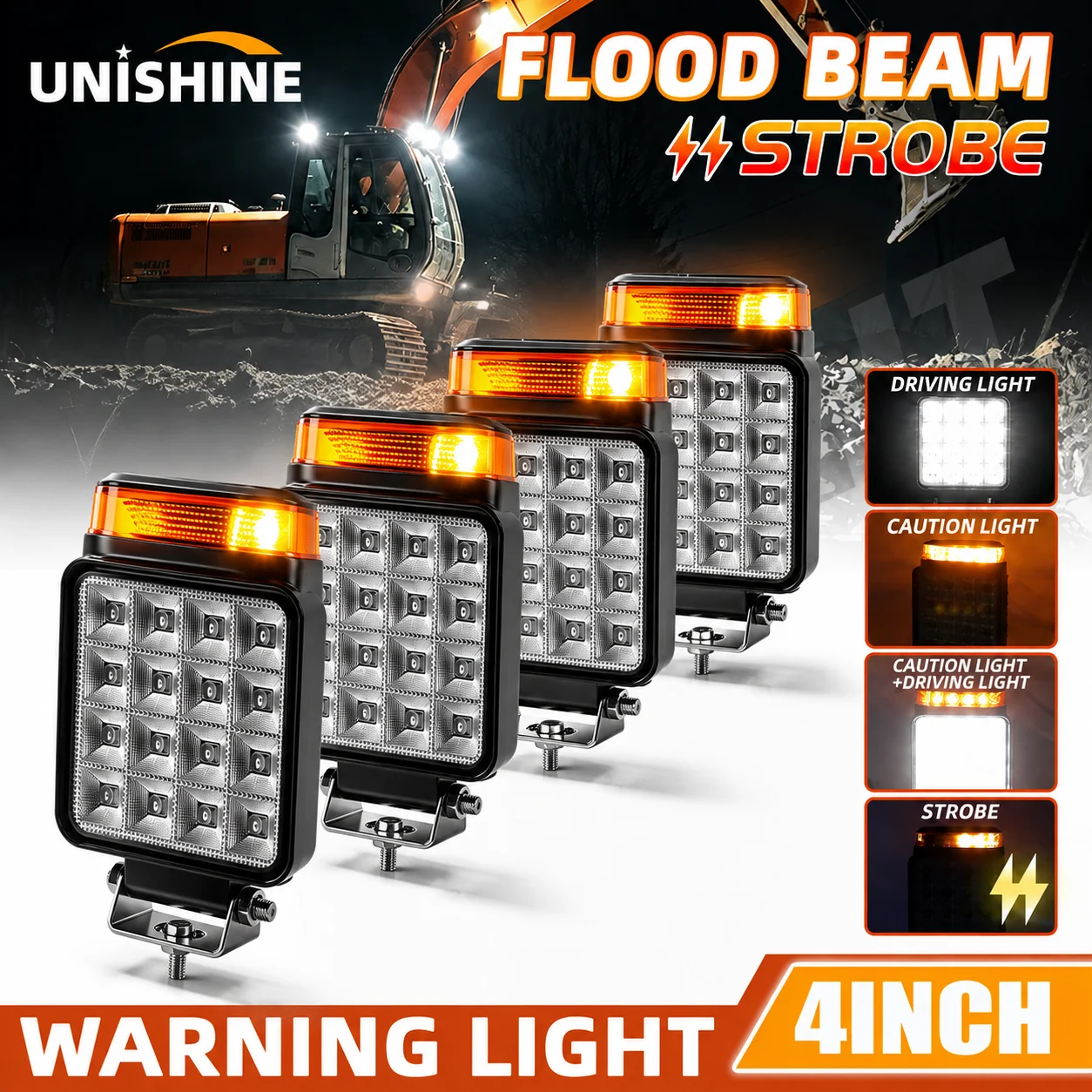 UNISHINE 4 Zoll Quadratisches LED-Arbeitslicht, gelbes Warnlicht, IP68 Flutlichtstrahl für Bagger CAT 320D, Gabelstapler, Lader, Traktor, Offroad-Einsatz
