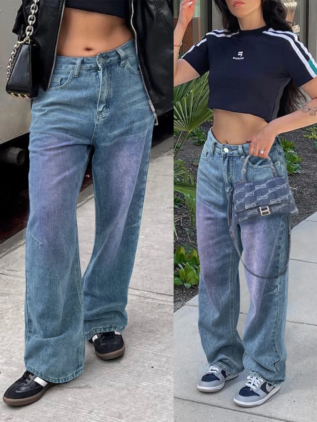 กางเกงยีนส์ทรงตรงขากว้างไล่เฉดสีสไตล์ Y2K สำหรับผู้หญิง เอวกลาง ผ้าพลีทเย็บติดกัน ลุคสี่ฤดู