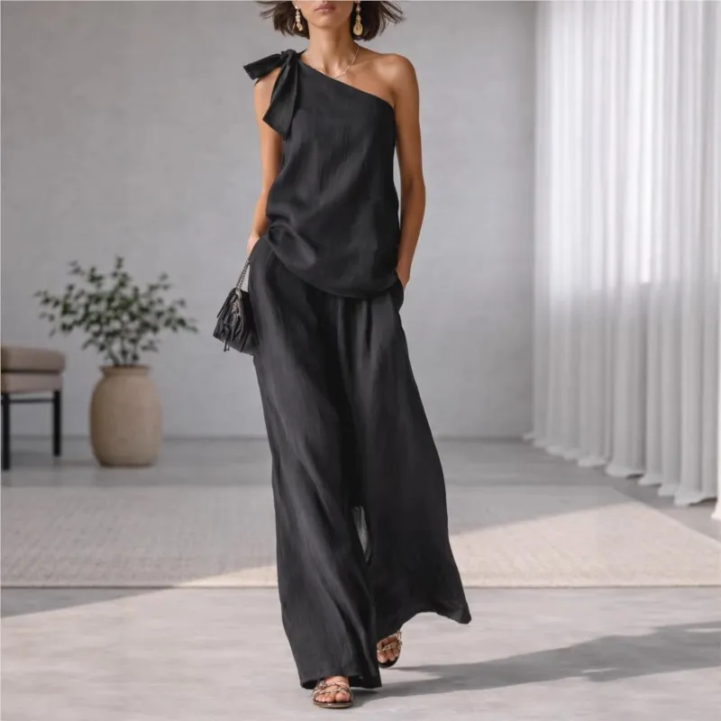 

Summer Cotton Linen Loose 2 Piece Sets Women's Solid Irregular Hem Top Outfit Casual Sleeveless O-neck Top Wide Leg Pants Set