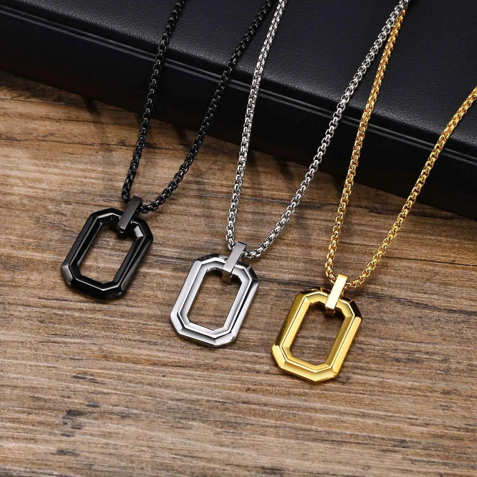 Cool Geometric Pendant Necklaces for Men Boys, Waterproof Stainless Steel Square Pendant with Box Chain, Minimalist Collar Gift