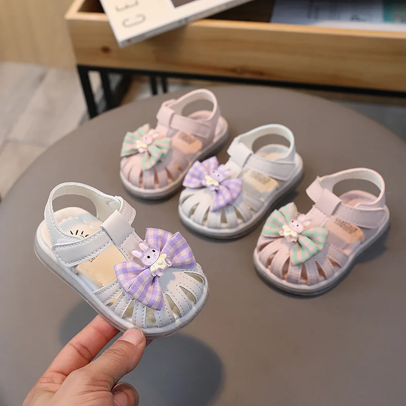 2023 Summer New Baby Girls First Walker Shoes Toes Wrapped Soft Kids Fashion Bow Bunny Cute Non-slip Children Casual Shoes Flat