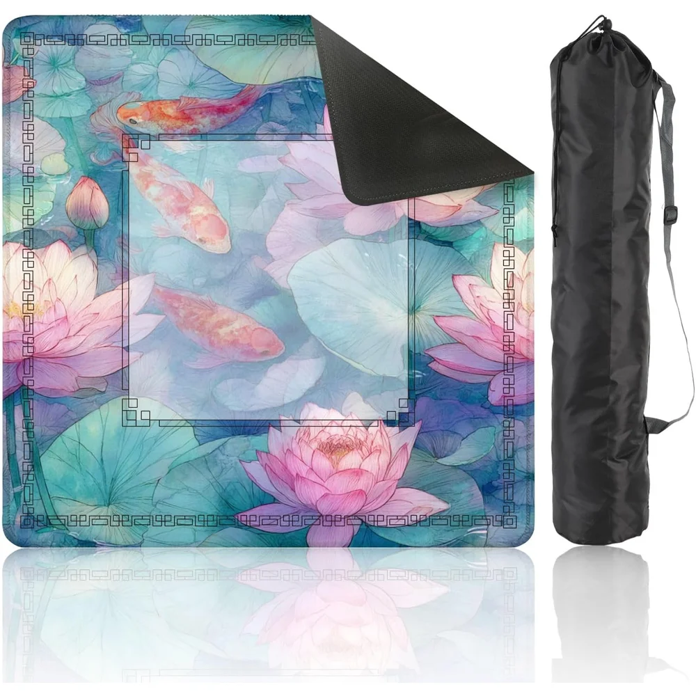 31.5 Inch Neoprene Luxury Mahjong Tablecloth 3mm Watercolor Lotus Pond Fish Sunlight Art Non Slip Noise Reduction for Mahjong