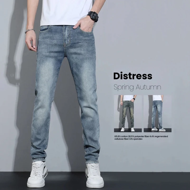 

Slim Stretch Little Feet Jeans Men's Autumn New Vintage Fashion Straight Casual Trousers Denim Male Clothes Pants