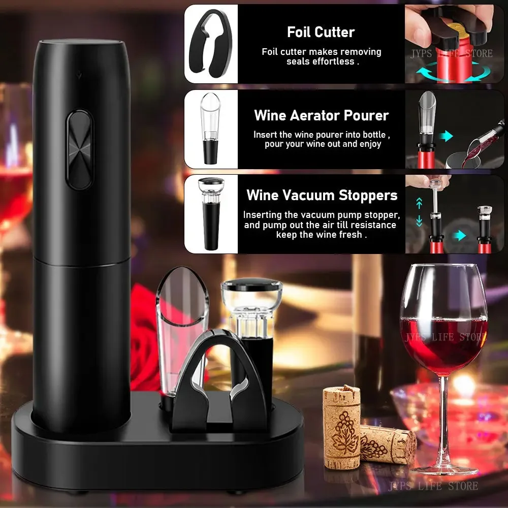 5 In1 Electric Wine Opener Set with Charging Base Automatic Corkscrew with Aerator Pourer and Foil Cutter for Kitchen Party Gift