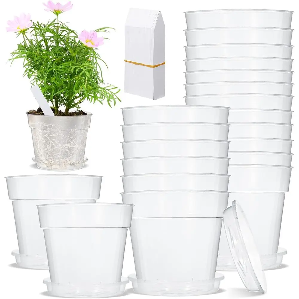 10 Pack 9 Clear Plastic Nursery Pots with 10 Saucers and 100 Labels, Drainage Holes Included