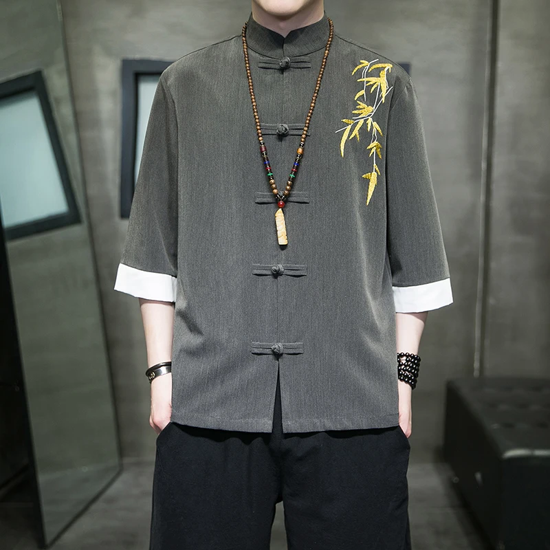 

Men's ort Sve irt Summer f Sve Jaet Chinese Sle Button Tang Suit Improved Hanfu Retro irt Embroidered Flor...