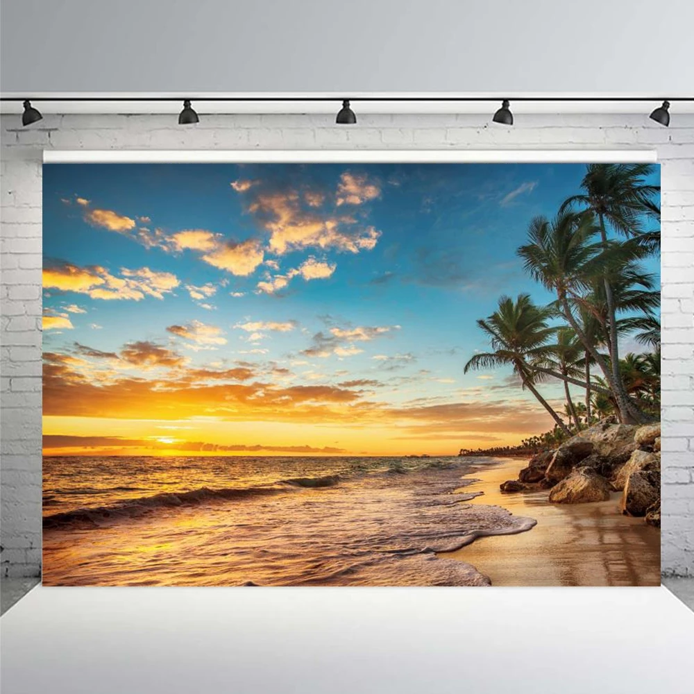 Tropical Beach Ocean Backdrop Summer Seaside Palm Tree Nature Scenery Birthday Portrait Holiday Party Photography Background