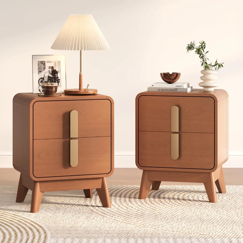 

Mid Century Modern Nightstand Set of 2, Wood Bedside Table with 2 Drawers and Metal Handles, Curved Design, Customized