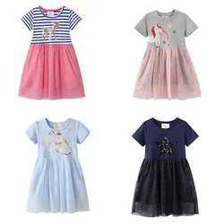 Jumping Meters Party Girls Dresses Applique Animals Mesh Princess Children Cotton Birthday Gift Kids Tutu Summer Dresses