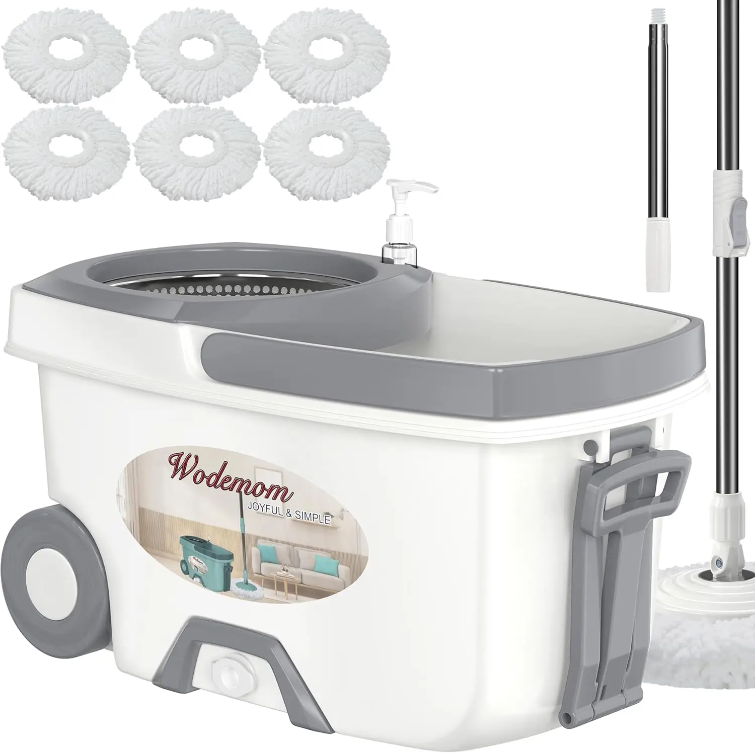 

Spin Mop and Bucket Set with Wringer, 6 Refills, 61" Handle for Easy Floor Cleaning - White