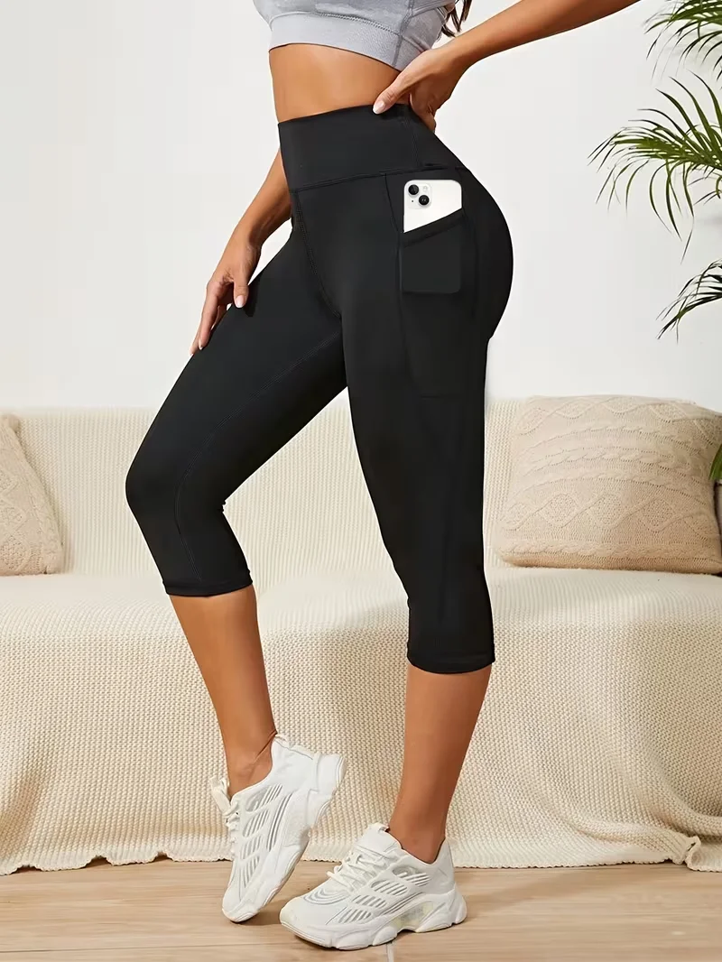 Leggings capri de cintura alta para mujer con bolsillos: mallas de entrenamiento de yoga suaves, agradables para la piel y elásticas a prueba de sentadillas