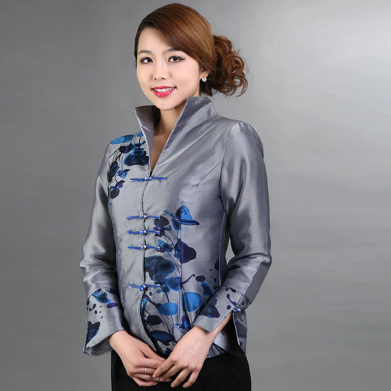 Oriental Aesthetic Women Jacquard Weave Coat Blue Red Floral Print Personality Collar Design Silm Fit Outfit Elegant Garment