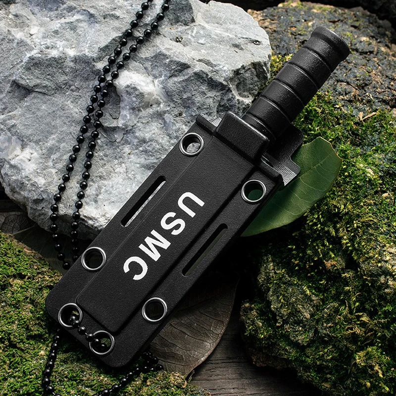 New EDC Black Stainless Steel Sharp Pocket Knife Fruit Knife Outdoor Camping Tools Unpacking Knife With Bead Chain and Sheath