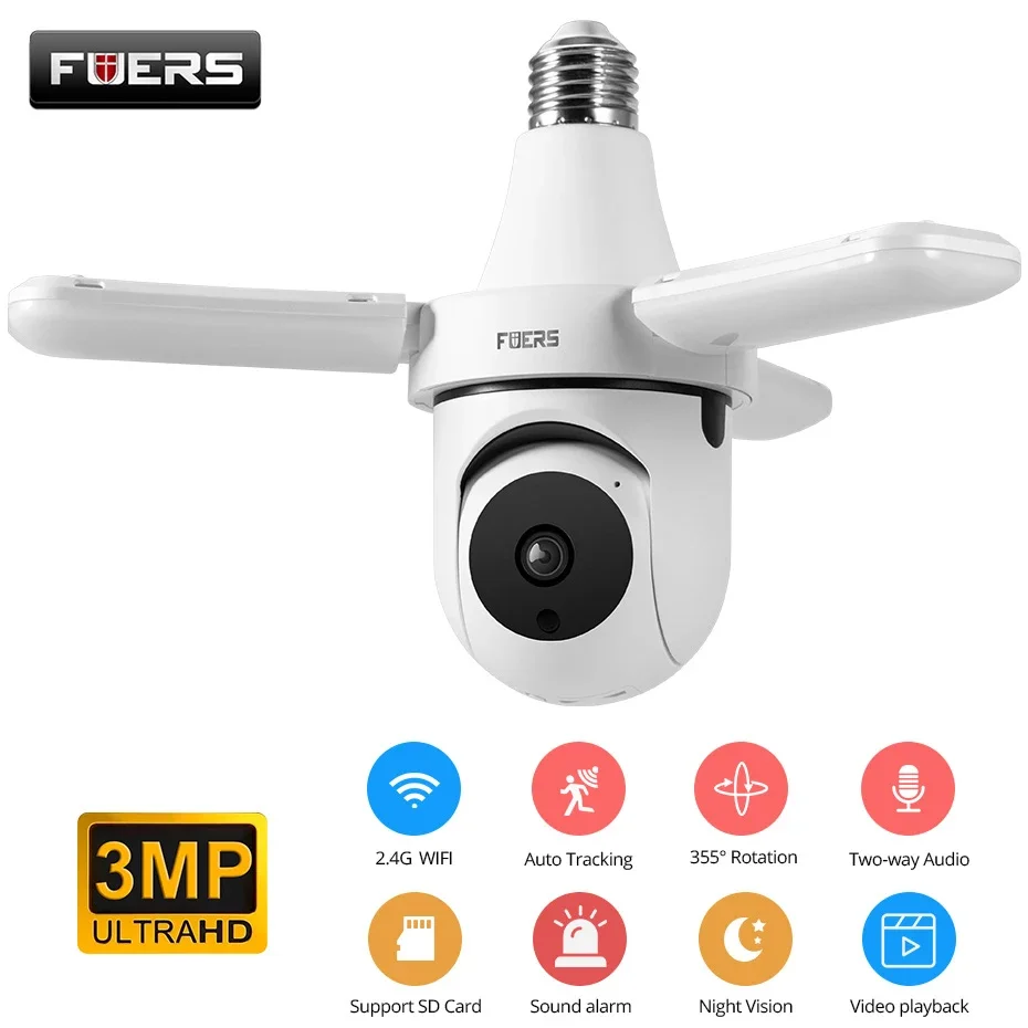 Fuers e27 lâmpada câmera interna de segurança sem fio wifi 2.4ghz automático rastreamento humano holofote câmera de vigilância 90db