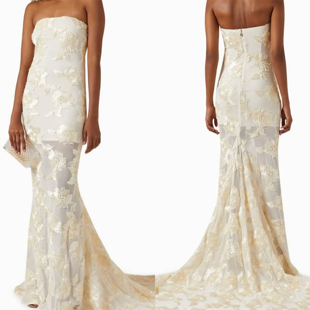 

Customized Exquisite White Jersey Evening Dress Delicate Strapless Sleeveless Celebrity Gowns Formal Zipper Back Party Dress