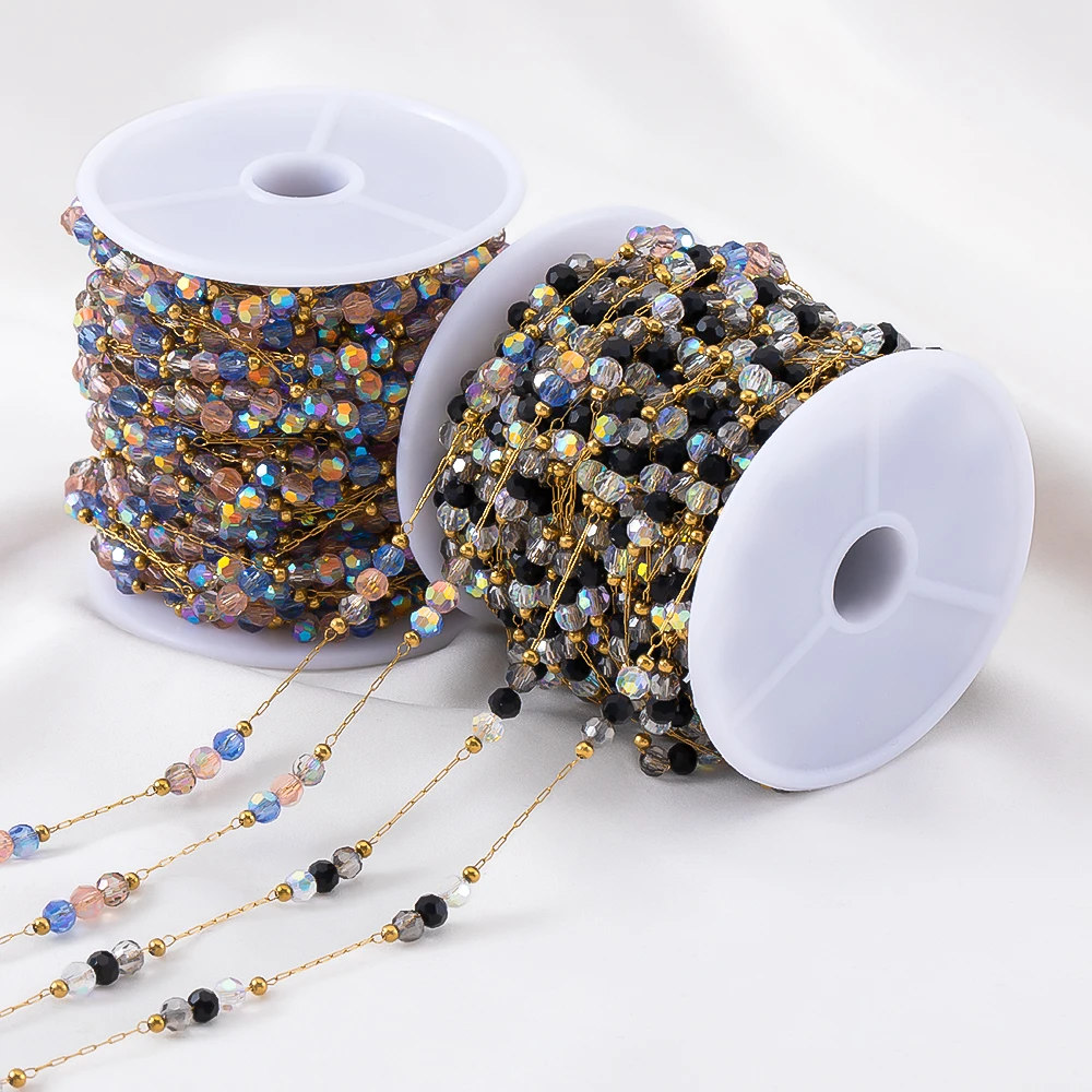 

0.5/1M Stainless Steel Gradient Glass Round Bead Chain for DIY Handmade Bracelet Necklace Hairpin Ornament Accessory Loose Chain