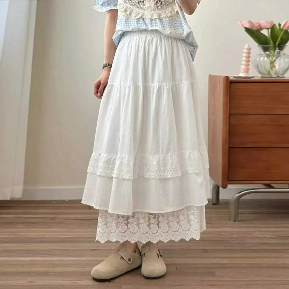 

Japanese Sweet Mori Girl Multi Layer Lace Embroidery Fairy Skirts Women Autumn New Elastic Waist Casual Loose A-Line Cake Skirts