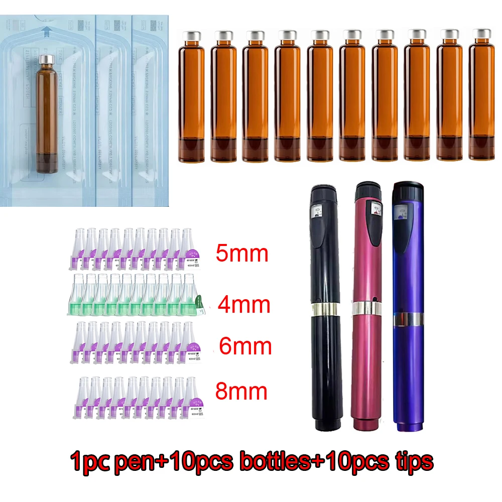 3ml Amber Glass Cartridge UV‑Blocking Long Tubular Sterile Tattoo Insulin Injection Pen Kit Magic Pen+10PCS bottle +10PCS tip