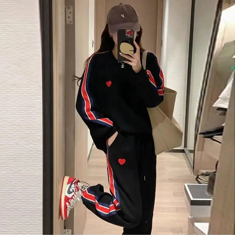 2 Piece Harajuku Women Casual Sports Striped Pant Sets Spring Autumn Preppy Style Embroidered Love Loose Korean Fashion Top Suit