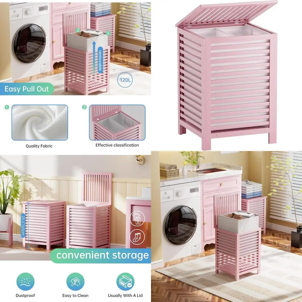 

Двойная бамбуковая корзина объемом 120 л с крышкой и съемным вкладышем, 2-секционный сортировщик белья для домашнего использования (розовая)