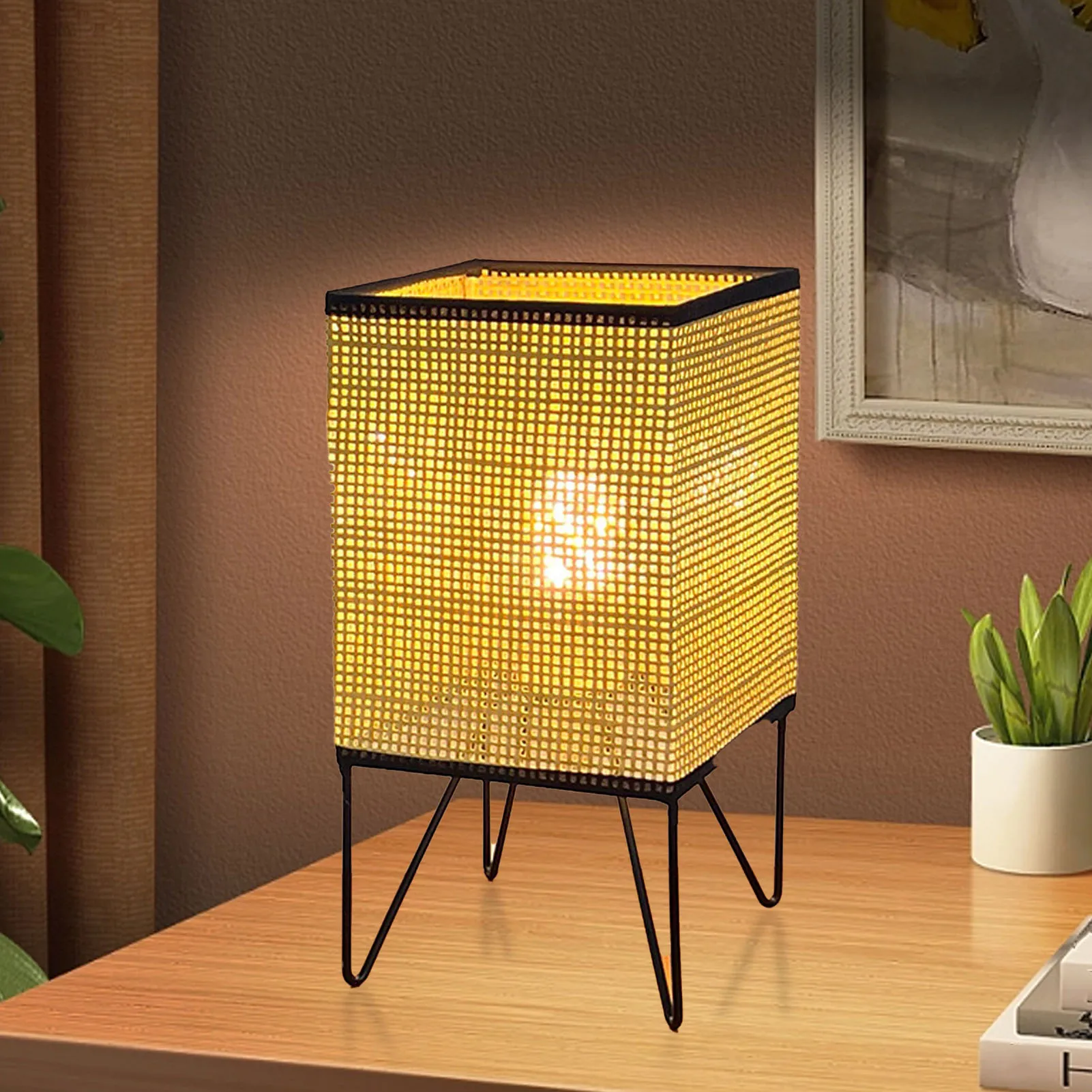 ZK40 Rattan Woven Desk Lamp Dimmable Vintage LED Warm Light Beside Lamp Nightstand Lamp Plug In Table Light for Bedroom