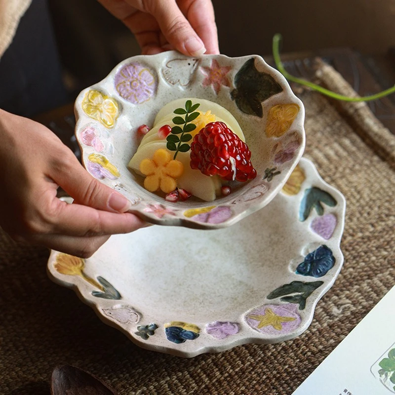 Mud Floral Retro Ceramic Dinner Plate High Value Dessert Plate Housewarming Gift Underglaze Color
