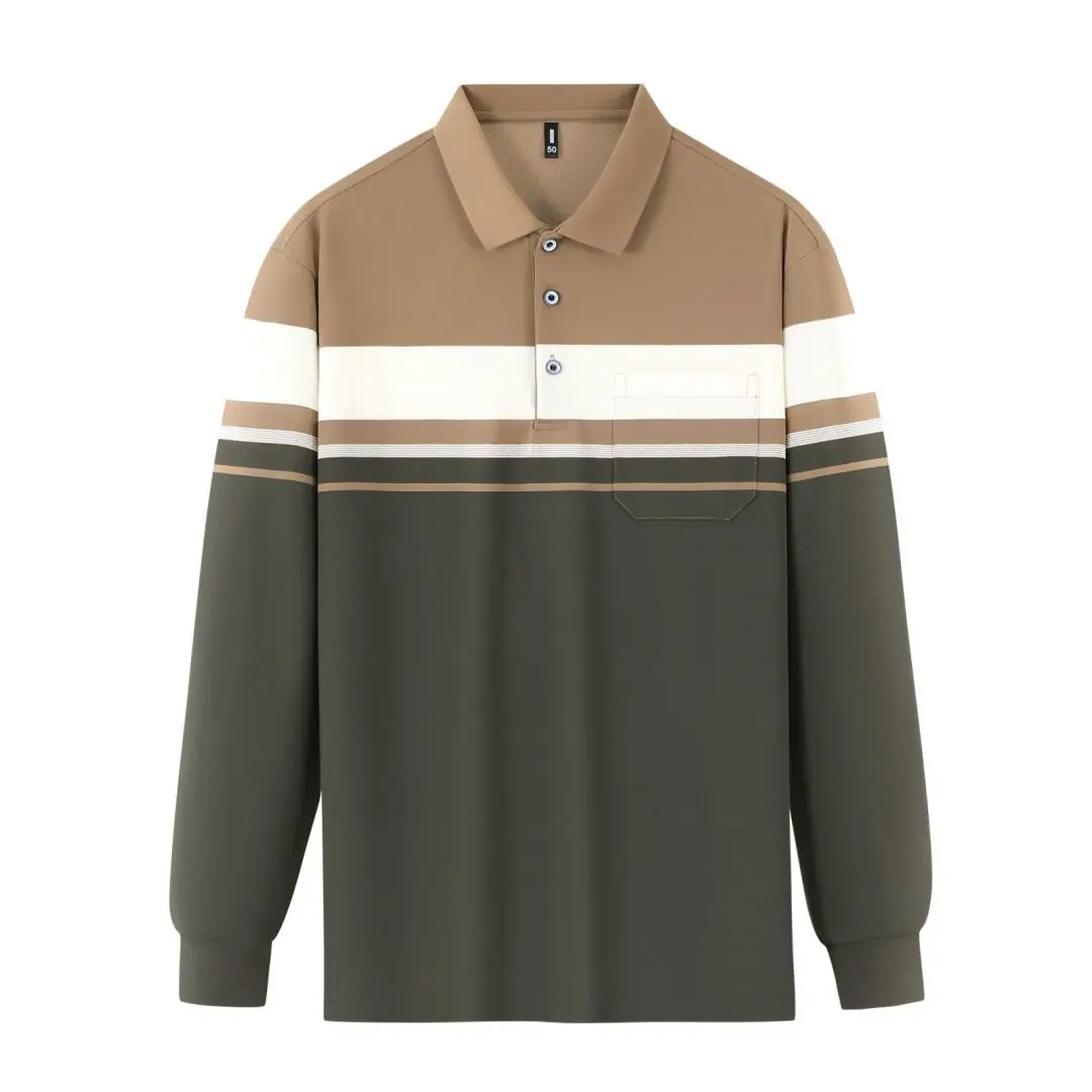 High-end Grandfather Middle-aged and Elderly Men's Real Pocket Striped Long-sleeved Polo Shirt Dad's Top Long-sleeved T-shirt