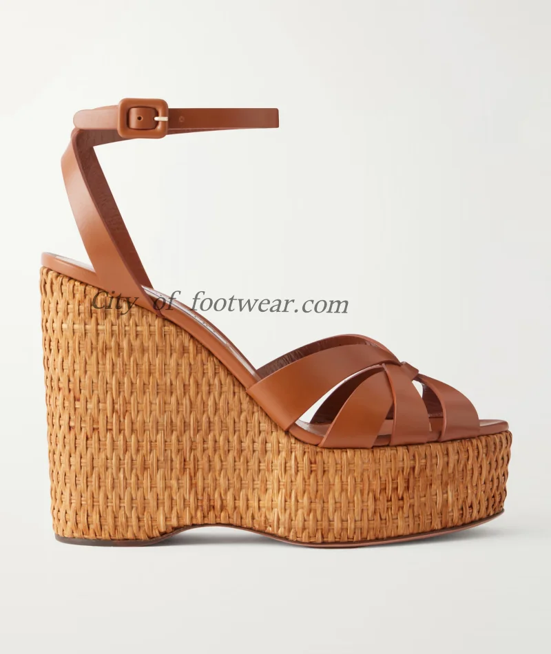 

Women‘s brown/white leather wedges sandals summer platform open toe beach ankle strap high heels luxury designer party shoes