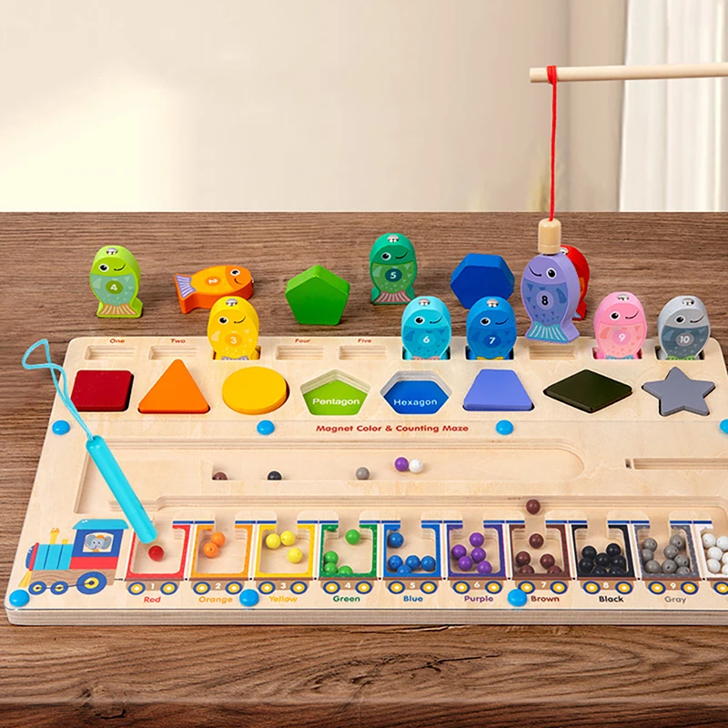 แม่เหล็กสีและตัวเลขเขาวงกตไม้แม่เหล็กปริศนาเกมกระดานสําหรับเด็กวัยหัดเดิน Montessori ของเล่น Fine Motor Skills ของเล่นเด็ก
