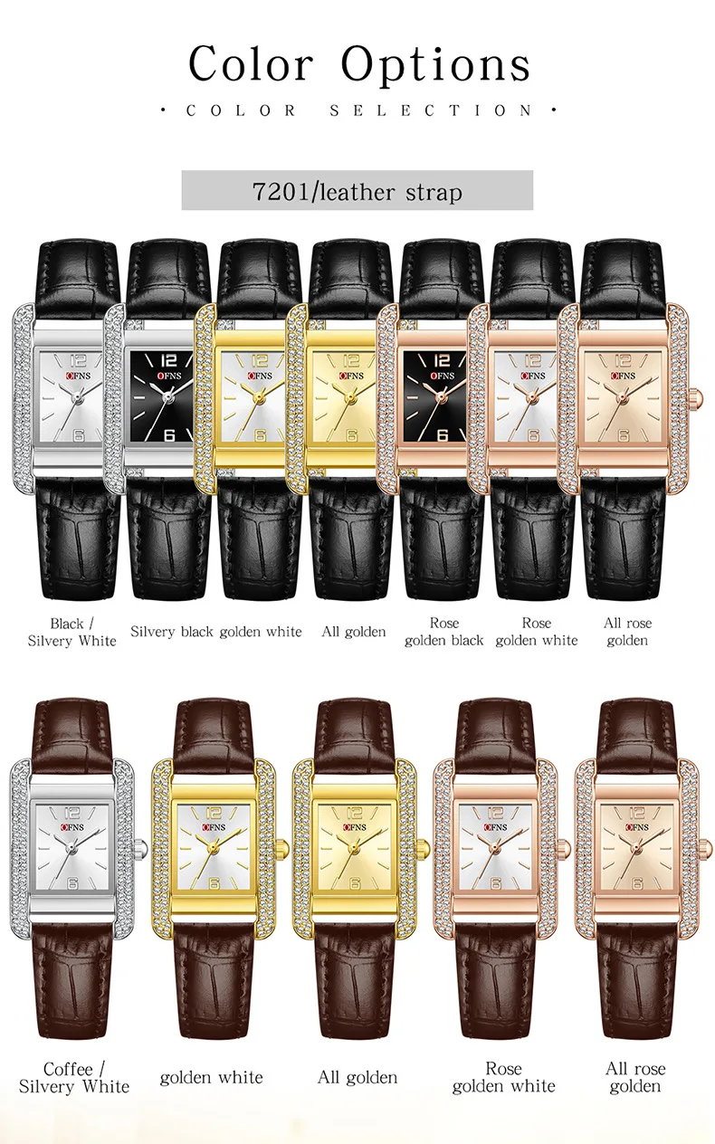 OFNS Fashion High end Full Diamond Square Plate Women's Quartz Watch Leather Strap 3ATM Anti Elegant Leisure Versatile Watch