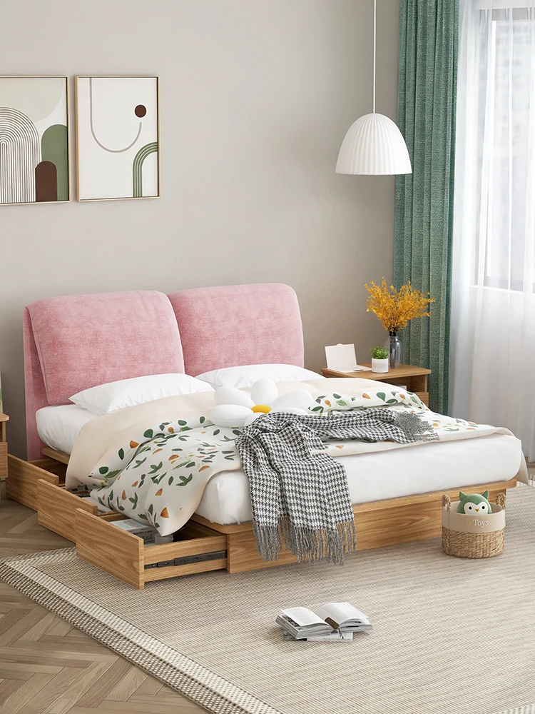 

Elephant Ear Fabric Bed Modern Simple Soft Bag Storage High Box Multifunctional Bed Solid Wood Bed