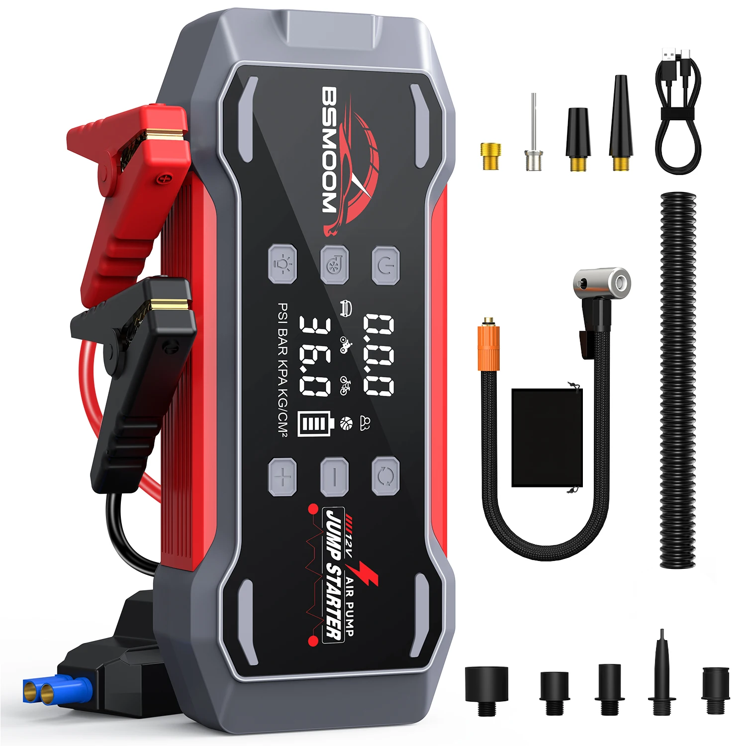 Démarreur d'urgence multifonctionnel 3000A pour voiture, gonfleur de pneus portable, compresseur multifonctionnel 5-en-1, fonction batterie externe, affichage LED, prend en charge la charge des smartphones, voyants LED, alimentation de secours extérieure