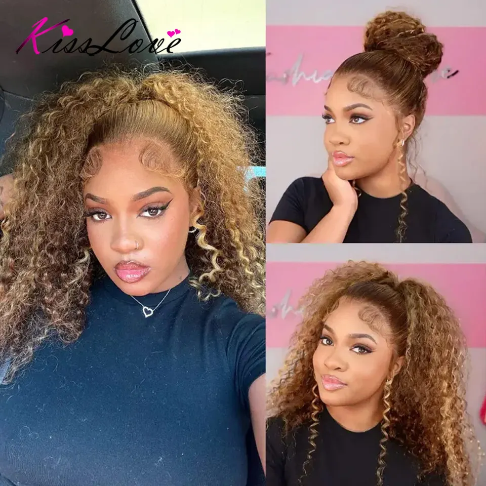 Water Wave 4/27 Highlight Invisi Strap 360 Full Lace Glueless Wig HD Skin Lace Frontal Wig Glueless Human Hair Deep Curly Wigs