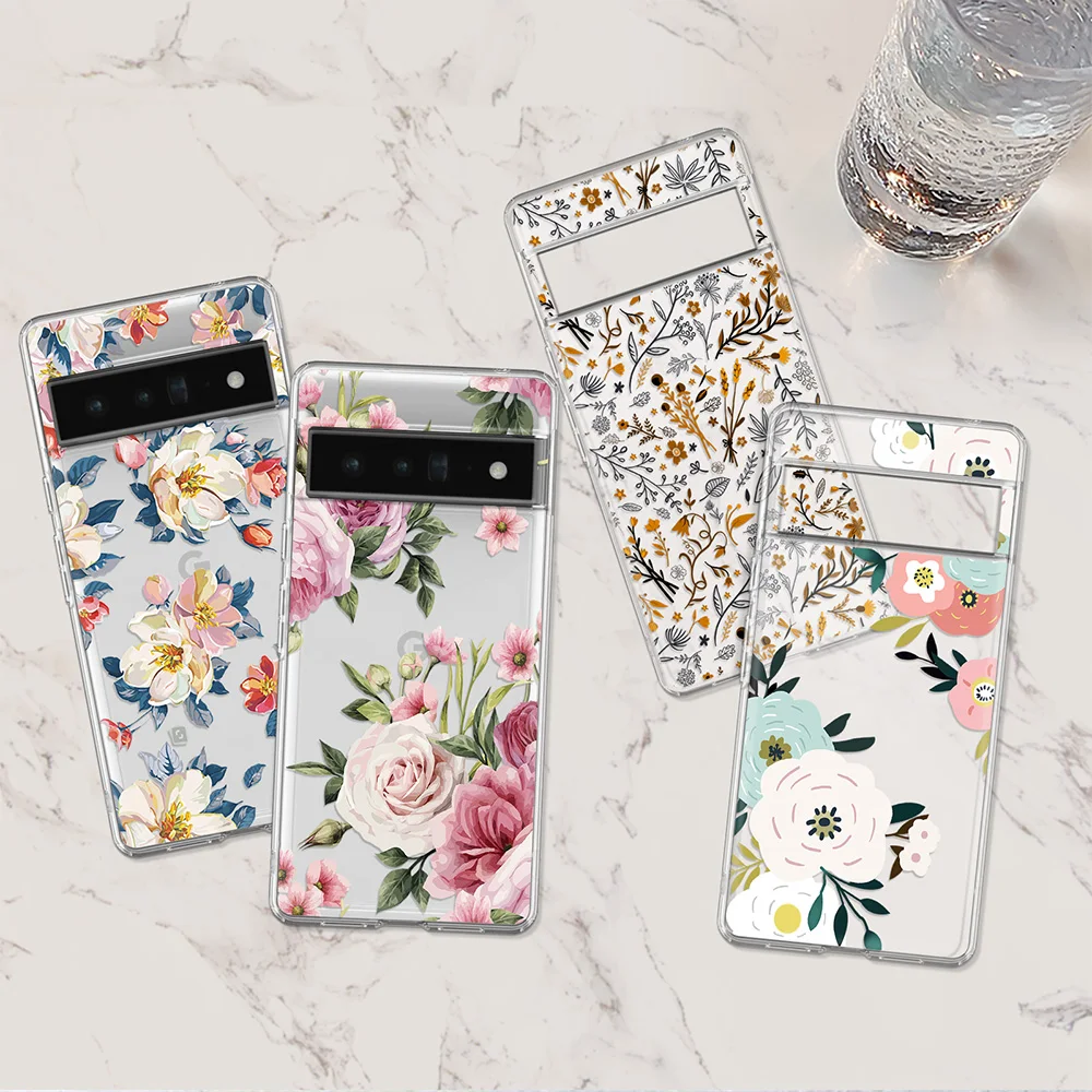 Floral Phone Case for Google Pixel 7a 7Pro 7 6a 6 6Pro 5 5a 5G 4XL 4 2 3XL 3 3a 3aXL 4a Transparent Soft TPU Back Cover Carcasa