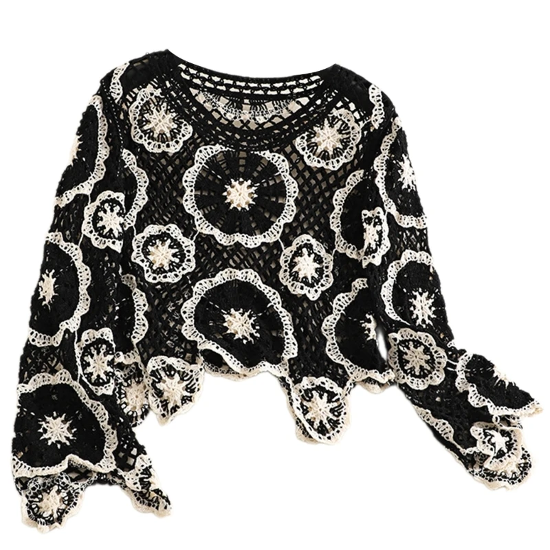 Womens Hollowed Knit Long Sleeve Shirt Crochet Floral Cover Up Sweater Crop Top