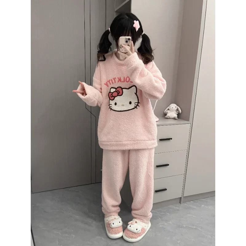 Sanrio Hello Kitty pajamas round neck long sleeves trousers warm plush women\'s pajamas casual cartoon winter loungewear set